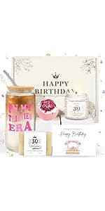 30th Birthday Gifts for Women, Unique 30 Year Old Birthday Gifts for Women, 30th Bday Decorations for Her, Gift for 30th Bday Woman w/ 16oz Coffee Cup, Candle, Bracelet, Hair Clip, Card, 7PCS