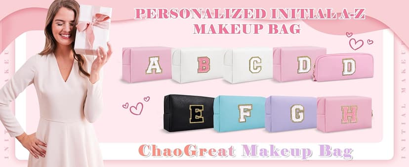 Small Personalized Initial A-Z Preppy Patch Makeup Bag,White PU Chenille Letter Travel Cosmetic Pouch with Zipper,Cute Toiletry Bag,Gift Ideal for Teen Girls Women Teacher Bridesmaid,Letter E