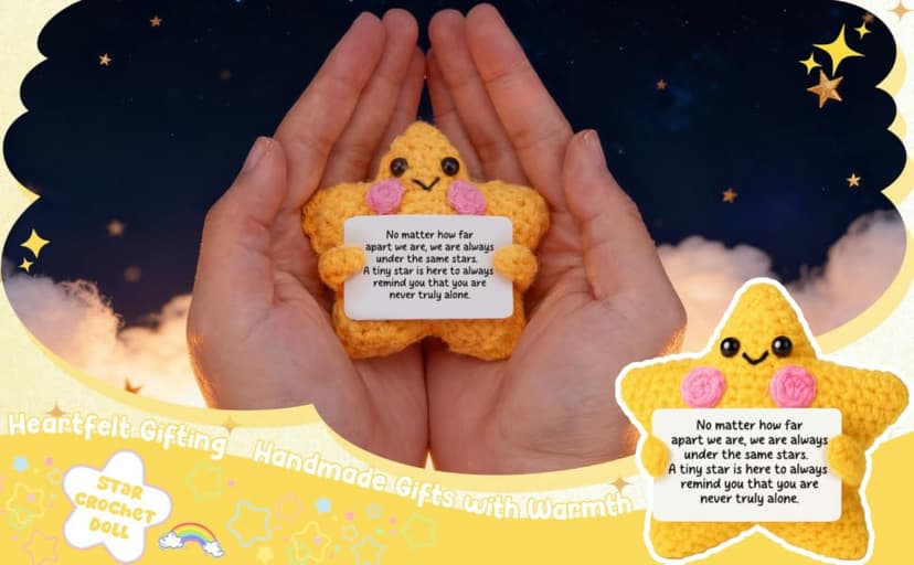 Crochet Yellow Star Doll Friendship Gift - Emotional Comfort Support Decor, Long Distance Relationship Moving Away Farewell Goodbye Leaving Gifts for Women Friend Couple Boyfriend Girlfriend Coworker
