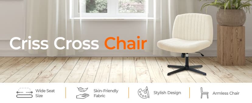 Orange Factory Criss Cross Chair No Wheel Wide Cross Legged Office Desk Vanity Chair Comfy Fabric Armless Adjustable Swivel for Home Computer Task (Beige No Wheel, Classic Fabric)