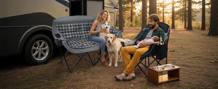Double Camping Chair Loveseat - 2 Person Oversized Camping Couch for Adults Padded Heavy Duty Outdoor Lawn Beach Portable Folding Chairs with Cup Holders and Carry Bag Support 600lbs, Black/Grey