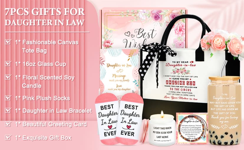 Saineron Daughter in Law Gifts from Mother in Law Future Daughter-in-Law Birthday Gifts Thoughtful Wedding Day, Anniversary, Happy Birthday Gift Includes Canvas Tote Bag, 16oz Glass Cup B0FSSGJ5CL