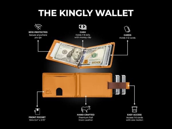 Kingly Cash Clip Slim Leather Wallet for Men with RFID Blocking & Money Clip - Minimalist Front Pocket Bifold Wallet Holds 12 Cards - Secure Card Holder with Easy Access Pull Tab
