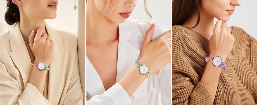 JewelryWe Womens Stretch Band Watches: Analog Quartz Elastic Watch Colorful Weave Rope Expansion Band Wristwatch for Valentine's Day