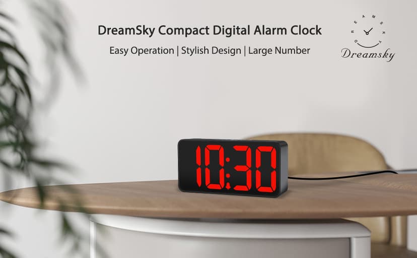 DreamSky Small Digital Alarm Clock for Bedroom, Large Big Numbers Display with Brightness Dimmer, Electric Bedside Desk Clock with USB Charging Port, Adjustable Alarm Volume, USB-C Adapter Powered