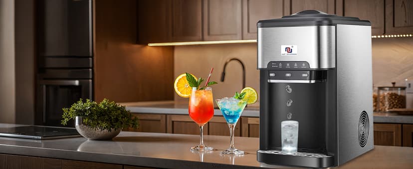 NUNET 3 - in - 1 Ice Maker, Water Dispenser & Water Cooler - Water Line Fill w/ 10ft Hose (1/2" & 1/4" Connector) - Hot/Cold Water - 44 lbs Ice Daily, 4lb Ice Storage