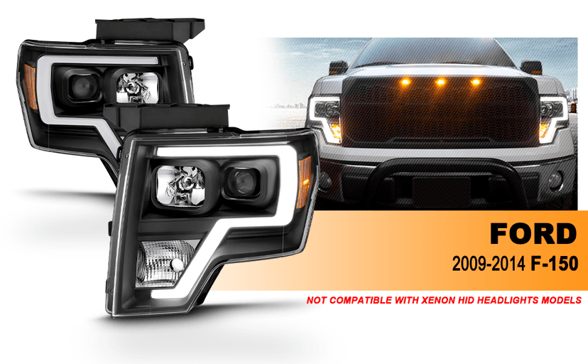AmeriLite for 2009-2014 Ford F150 Truck LED Bar Square Projector Halogen Black Headlights Set High/Low Beam Bulb Included - Driver and Passenger Side