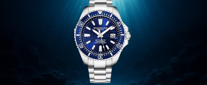 Stuhrling Original Men's Dive Watch, Swiss Movement, Stainless Steel, Blue Dial, Stainless Steel Bracelet, 100M Water Resistant
