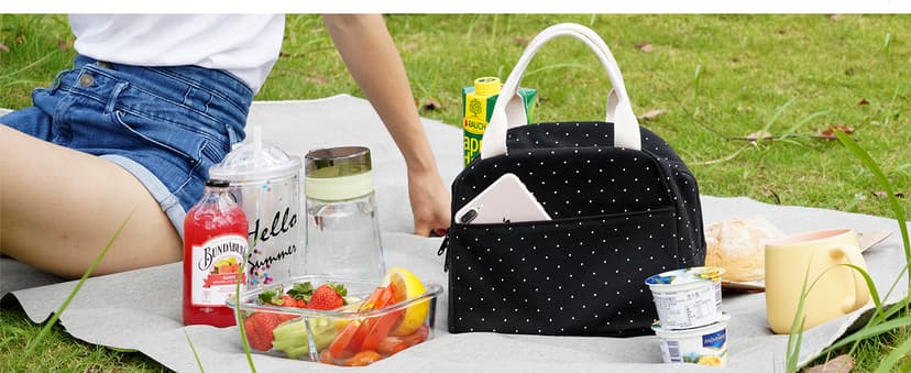 EurCross Upgraded Compact Black Lunch Bag for Girls Women,Canvas Reusable Insulated Polka Dot Lunch Tote Box Bag for Work School