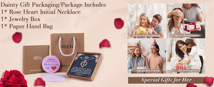 Iefil Rose Heart Necklaces Gifts for Women - 925 Sterling Silver Heart Initial Necklace, Anniversary Birthday Gifts for Women, Jewelry Gift for Wife Wife Girlfriend Mom