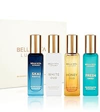 BellaVita Luxury Women's Perfume Gift Set (4x20ml) | Notes of Floral, Sweet, Spicey Red Fruit, Vanilla & Musk | DATE, SENORITA, GLAM & ROSE | French Parfum Collection Gift Set