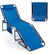 COSTWAY Tanning Chair with Face Hole, Folding Beach Lounge Chair with 4-Position Adjustable Backrest, Pillow & Side Pocket, Foldable Chaise Lounge Chair Outdoor for Sunbathing, Camping (1, Beige)