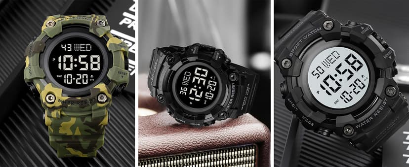 FANMIS Men's Digital 50M Waterproof Electronic Sport Watch Rubber Band Army Military 24H Time LED Light 164FT Water Resistant Calendar Date Day Watches