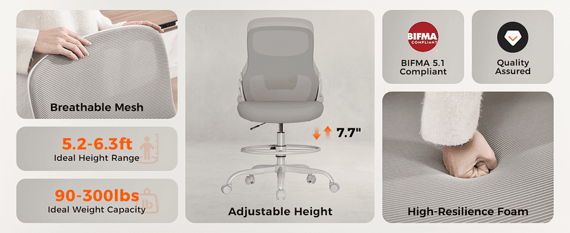 Drafting Chair Armless, Tall Office Chair with Adjustable Foot Ring and Lumbar Support, Ergonomic Mesh High Desk Chair for Standing Desk, Black