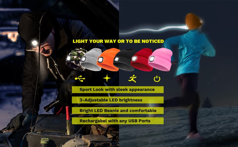 VIBELITE LED Beanie Hat with Light, USB Rechargeable LED Headlamp, Christmas Gifts for Men, Stocking Stuffers for Teen Boys, Dad, Husband, Father, Grey