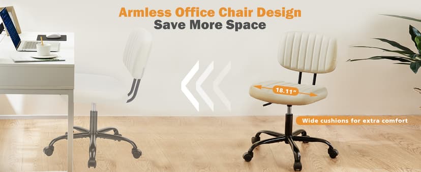 Sweetcrispy Small Office Desk Chair - Armless PU Leather with Comfy Lumbar Support, Height Adjustable Rolling Swivel Task for No Arms, for Adult, Student, Bedroom, Home, Vanity, Beige White