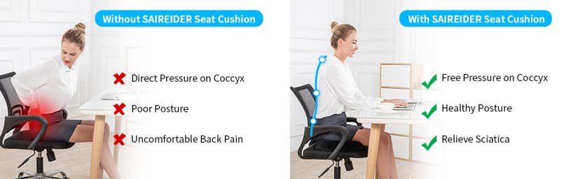 SAIREIDER Office Chair Cushion, Car Seat Cushion, Memory Foam Coccyx Cushion Pads for Tailbone Pain, Sciatica Relief Pillow, Correct Sitting Posture (Black)