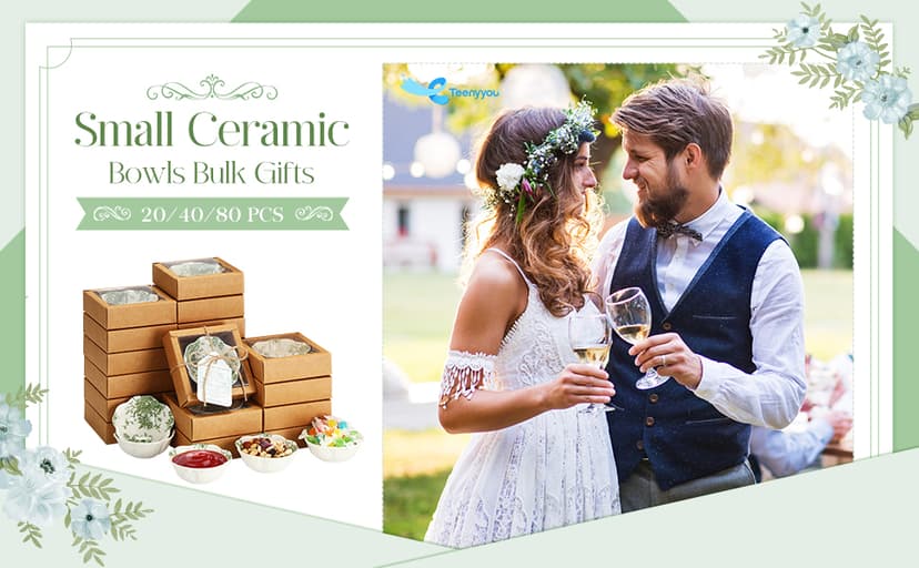 40 Pack Wedding Favors for Guests Small Ceramic Bowls Bulk Gifts Set 3.3 Inch Green Verdure Design Mini Dipping Bowl Sauce Dish with Cards Box for Party Shower Favor Souvenir