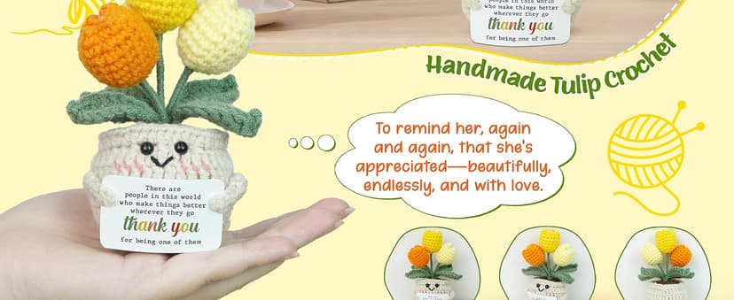 OASSIE Thank You Gifts for Women - Mini Handmade Positive Tulip Flowers Crochet with Message Card - Christmas Birthday Farewell Employee Appreciation Gifts for Coworkers, Emotional Support Crochet