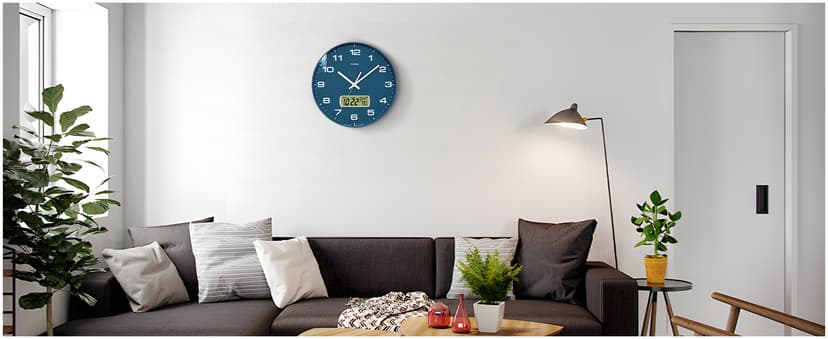 TIMESS Wall Clock, 12" Dial Non-Ticking Silent Battery Operated Analog with LCD Display for Perpetual Calendar and F° Temperature, Ideal Modern Home, Bedroom, Kitchen, Office Decor (Blue)