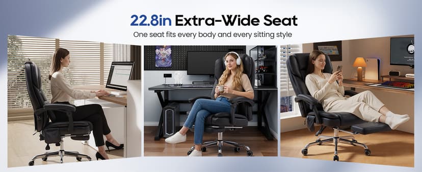 500LBS Massage Office Chair with Foot Rest, 3D Kneading Massage Home Office Desk Chairs, 22.83” Wide Big and Tall Office Chair for Heavy People, Ergonomic Reclining Gaming Chairs, Black