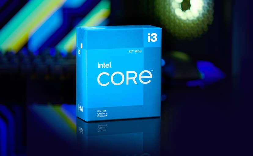 Intel® Core™ 12th Gen i3-12100F desktop processor, featuring PCIe Gen 5.0 & 4.0 support, DDR5 and DDR4 support. Discrete graphics required.