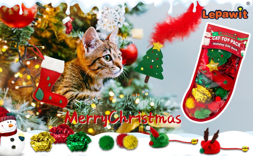 Cat Christmas Stocking, 10 Pack Gifts for Christmas, Interactive Feather Toy with Catnip, Cat Ball Toys, Crinkle Balls, Mice Toys for Indoor Cats & Kitten