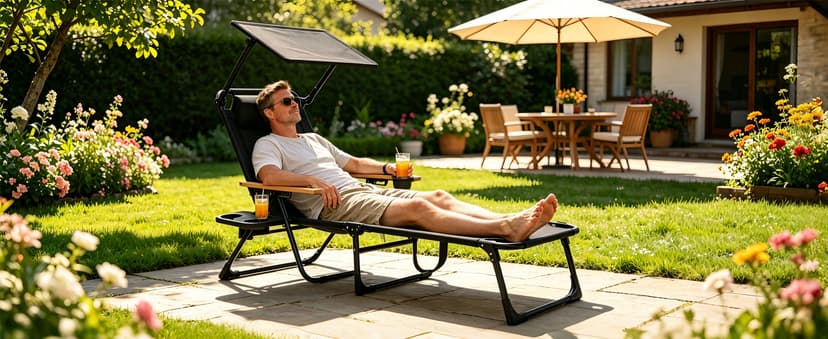 Folding Lounge Chair with Canopy, Tanning Chair with 4-Position Reclining Back, Folding Sun Lounger, Outdoor Lounge Chair for Beach, Poolside, Backyard, Camping, UPF 50+ Sun Shade, 300 LBS