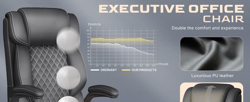 Office Chair-Executive High Back Breathable Big and Tall Office Chair Flip-up Armrests Lumbar Support-Ergonomic Leather Rolling Swivel Chair with Rock Function for Working Studying Gaming,Black
