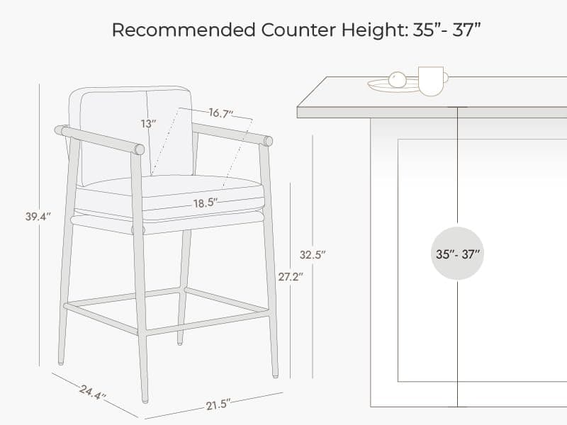 Watson & Whitely Mid Century Modern Barstools Set of 2, 26" H Upholstered Counter Height Bar Stools with Wood Armrests and Metal Legs, Fabric in Beige
