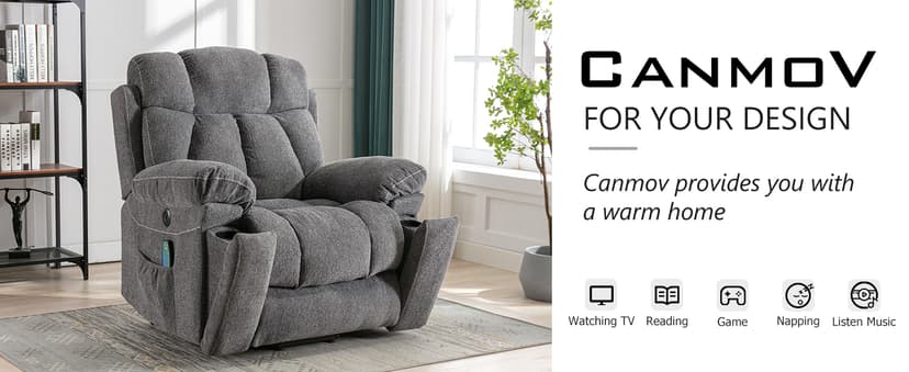 CANMOV Large Power Lift Recliner Chairs with Massage and Heat for Elderly Big People, Heavy Duty Motion Reclining Mechanism-Anti Skid Fabric Recliner Chair with 2 Concealed Cup Holders,Dark Gray