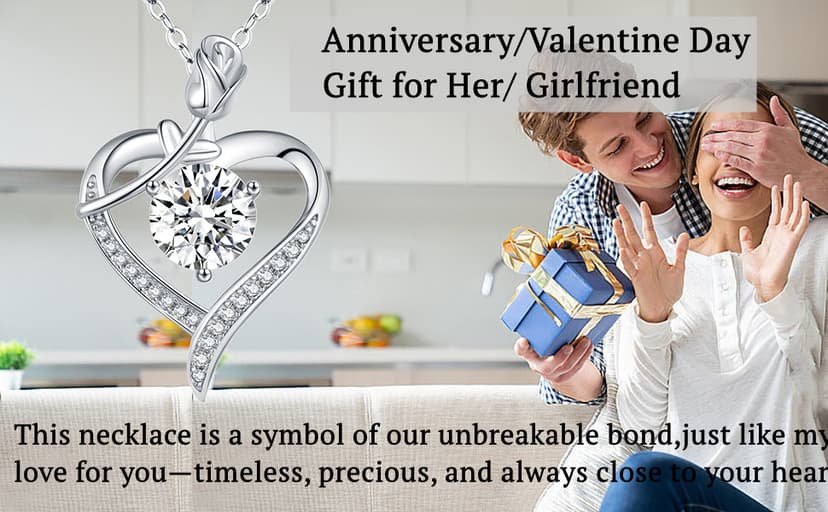 Rose Heart Pendant Necklace for Wife Moissanite Lab-Created Gem Jewelry for Women I Love You Wedding Anniversary Birthday Christmas Valentines Engagements Mothers Day for Her Girlfriend Mom Daughter