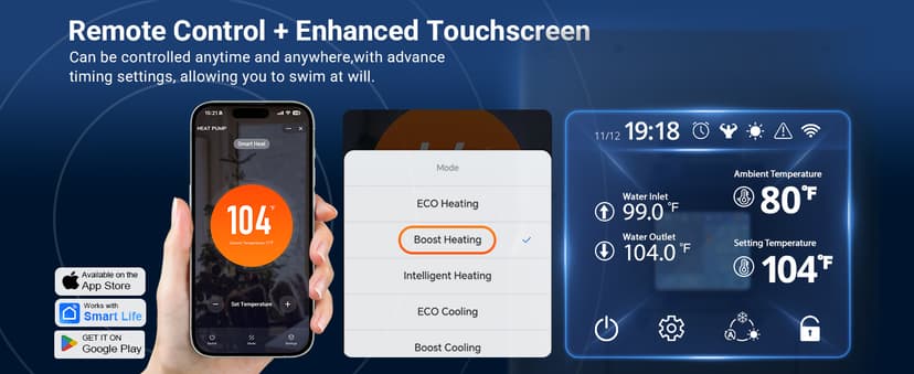 65,000 BTU Inverter Swimming Pool Heat Pump for In Ground Pools 21,000 Gallons Electric Pool Heater for Above Ground Pool Heating Cooling WiFi Control 220v