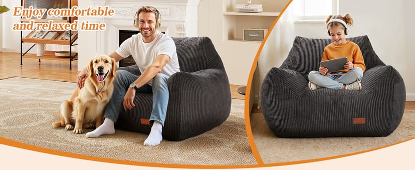 Big Bean Bag Chair for Adults, Ultra Soft Living Room Bean Bag with Armrests, Stuffed BeanBag Chair for Napping, Gaming, Vacuum-Compressed for Easy Gifting, 48 Hours to Fluffs Up, Dark Gray