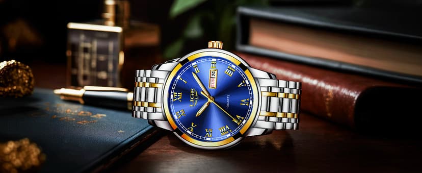 LIGE Mens Watch, Analog Men's Wrist Watches, Stainless Steel Style, Quartz Movement Calendar Function, 3ATM Waterproof, Clear Luminous Display, Business Social Matching