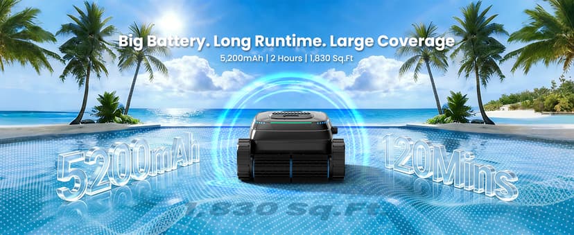 Robotic Pool Vacuum PC10, Cordless Pool Cleaner Robot for Inground & Above Ground Pools, Smart Navigation, 5000GPH Suction Power for Cleaning Floor, Wall & Waterline, Self-Parking, Black