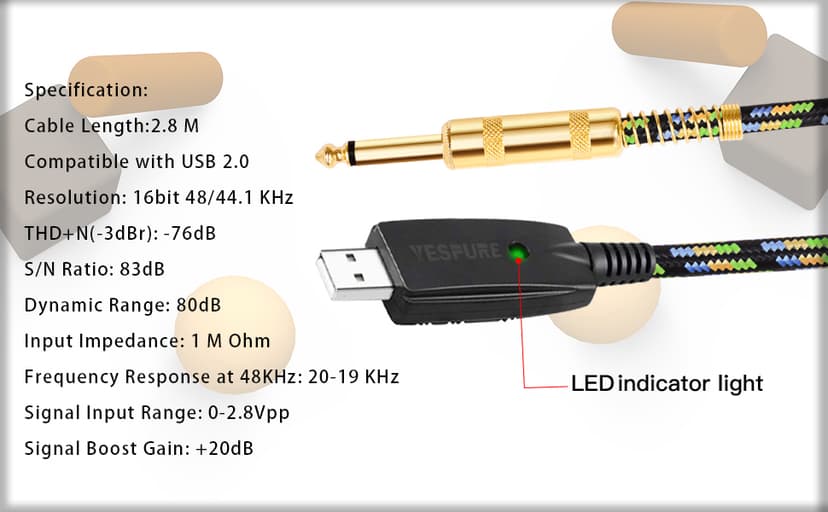 YESPURE USB Guitar Cable 10Ft,USB Guitar Interface Male to 6.35mm 1/4 inch Gold-Plated TS Mono Plug,Nylon Braid Recording Cable Compatible with Windows Mac OS for Guitar,Bass,Microphones,and More