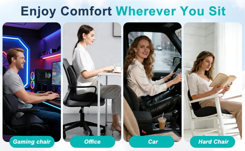 Seat Cushion for Office Chair and Car, Lumbar Support Pillow for Office Chair, Memory Foam Ergonomic Seat Cushion for Long Sitting, Back & Tailbone Pain, Sciatica - Black
