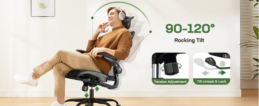 Marsail Ergonomic Mesh Office Chair High Back Home Office Desk Chair with Adaptive Lumbar Support, 2D Headrest, 3D Flip-Up Armrests, Height Adjustable and Rocking Tilt for Home Office and Gaming