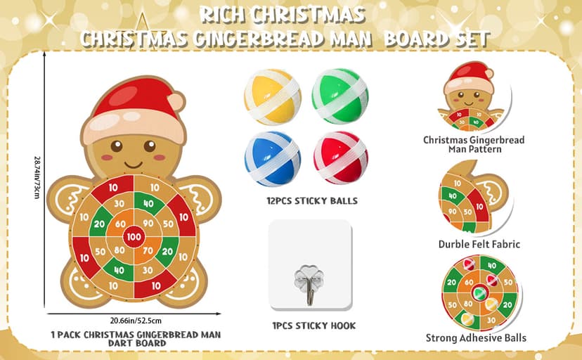 YQUQWN Large Christmas Dart Board for Kids 28.7 Inch Gingerbread Man Target with 12 Sticky Balls Hook Christmas Indoor Decorations Party Toys Gifts for Family