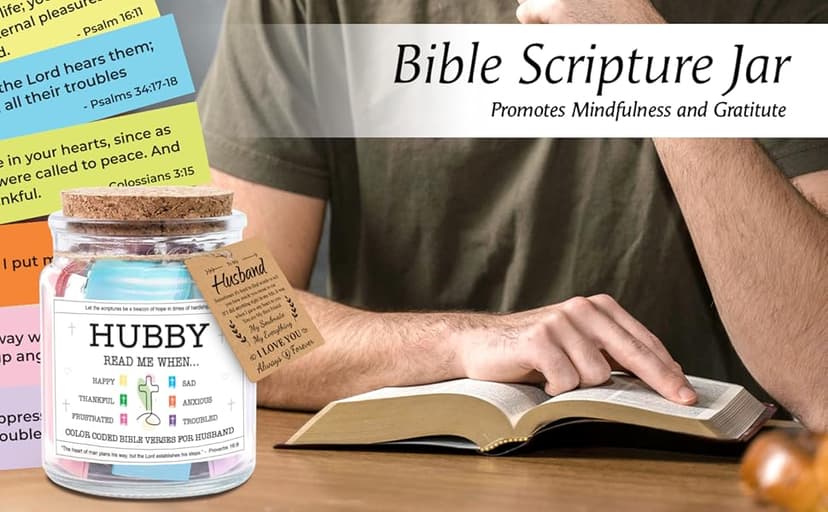 NewEleven Gifts For Husband - Husband Birthday Gift, Christian Gift For Him, Husbands - Anniversary Present For Him Hubby From Wife, Her - Decorative Glass Scripture Jar With 92 Bible Verse