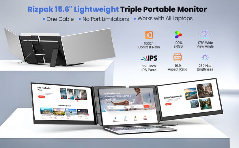 One Cable Laptop Screen Extender, 15.6” Ultra-Slim Triple Portable Monitor, 1080P FHD IPS Display, USB-C/USB-A Connection, Travel Monitor for 13–17.3" Laptops, MacOS/Windows/Android