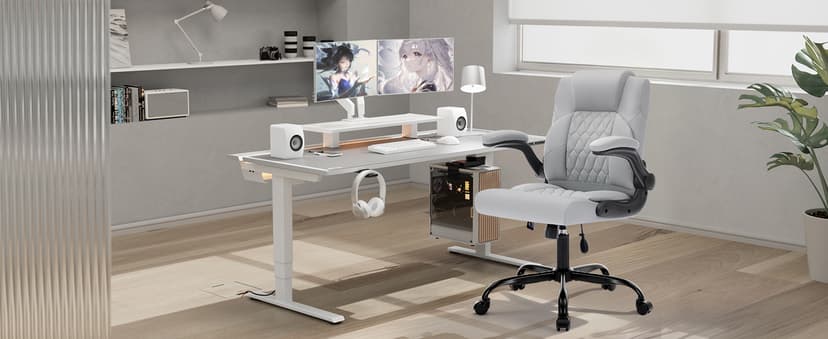 Office Chair with Adjustable Inflatable Lumbar Support,Leather Ergonomic Computer Desk Chair with Flip-up Arms,Adjustable Tilt Lock,Swivel Rolling Executive PC Chair for Work,Study,Meeting.Grey