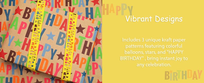 17 inch X 33 feet, Gridlines Design, Recycled, Holiday BIOBROWN Kraft Birthday Wrapping Paper Colorful Text Happy Birthday Design B0BLSML9G3
