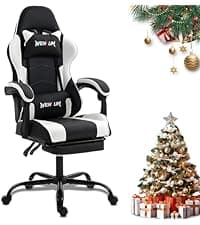 Gaming Chair with Footrest, Ergonomic PC Desk Chair with Headrest and Massage Lumbar Support, Video Game Chair with Height Adjustable High Back for Home Office, PU Leather, White