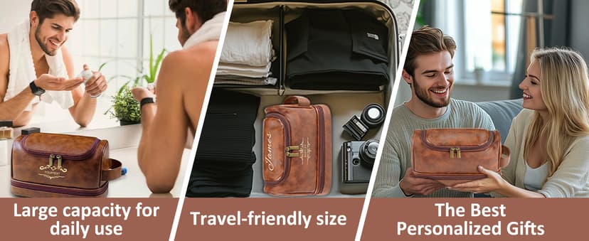 Sparklove Personalized Leather Toiletry Bag for Men, Custom Shaving Bags, Engraved Monogrammed Travel Bag, Birthday Gifts for Boyfirends, Groomsmen, Dad, Son Husband Father's Day, Wedding, Anniversay