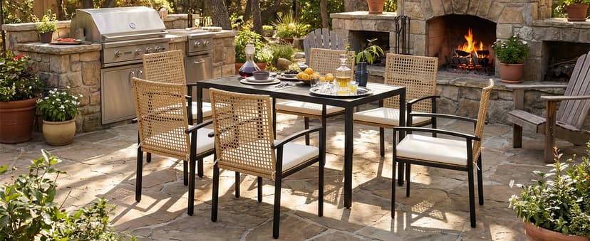 7-Piece Outdoor Dining Set for 6, Patio Dining Set with Hand-Woven Wicker Chairs & Cushions, 60" x 33" x 30" Wider Aluminum Woodgrain Table for Deck, Garden, Backyard