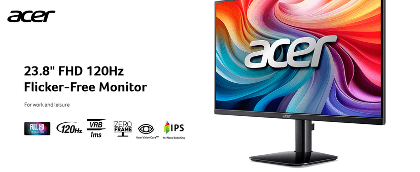acer KB242Y - 23.8 Inch IPS Zero-Frame Full HD (1920 x 1080) Monitor | Tilt | Up to 120Hz Refresh | 1ms (VRB) | sRGB 99% | HDMI & VGA Ports | Adaptive-Sync Support (FreeSync Compatible)