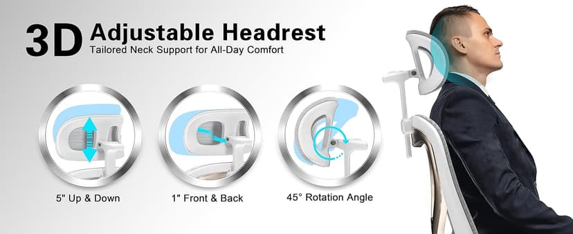 Ergonomic Office Chair for Back & Neck Pain Relief, Virgin Foam Seat, 2D Adjustable Lumbar & 3D Headrest, Tilt & Rock for Relaxation, Ideal for Long Sitting Comfort, White/Gold