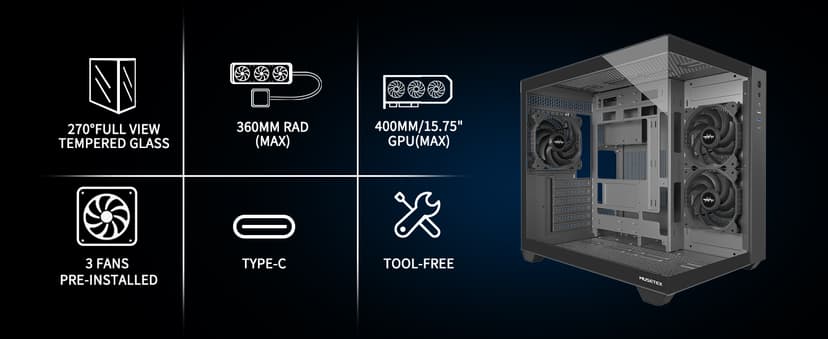 MUSETEX ATX PC Case, 3 x 120mm Fans Pre-Installed, 360MM RAD Support, 270° Full View Tempered Glass Gaming PC Case with Type-C, Mid Tower ATX Computer Case, Black, Y6